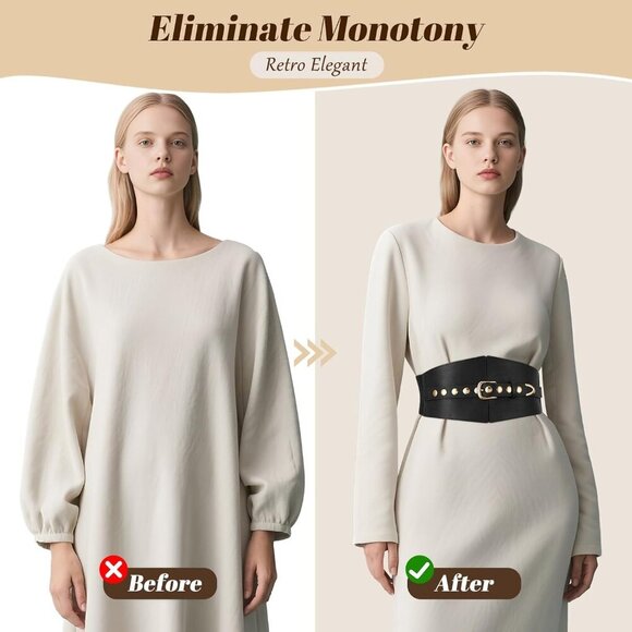Women Elastic Chunky Stretchy Elegance Belt with Gold Rivets Buckle Daily Black
